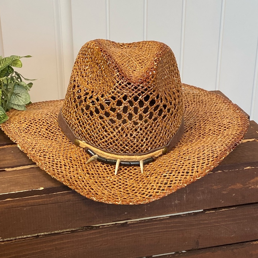 Unisex Stained Seagrass Western Hat with Suede Trim Beaded Distressed